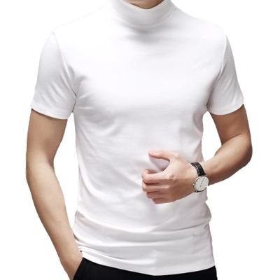 Freebily Mens Basic Turtleneck Short Sleeve T-Shirts Slim Fit Undershirt Solid Knitwear Sweaters White Medium