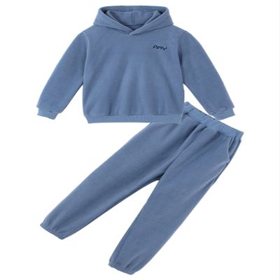 Agoky Unisex Kids Cotton Thicken Sweatsuit Long Sleeve Hooded Sweatshirt with Sweatpants Outfits Sport Activewear Light Blue 5-6 Years