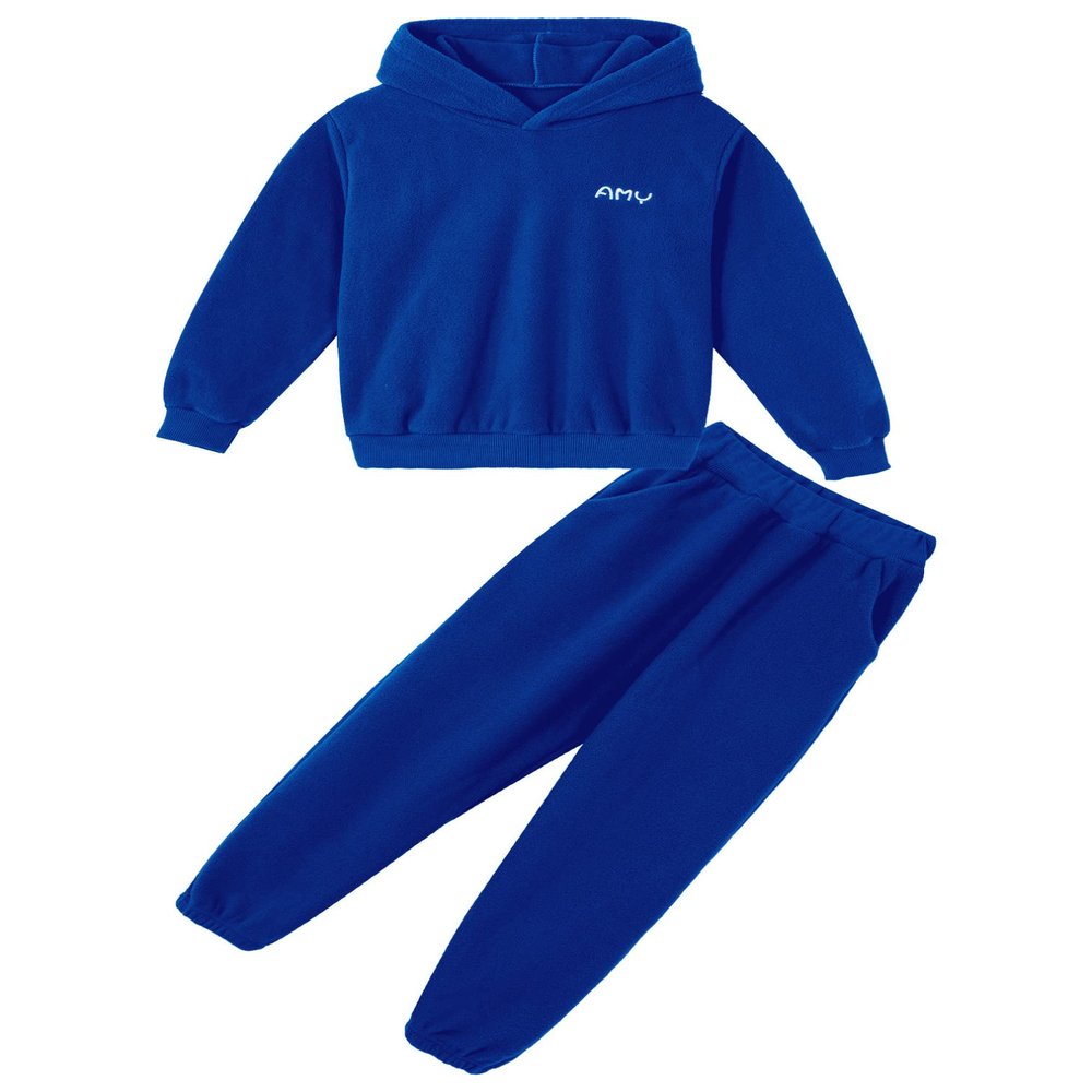 Agoky Unisex Kids Cotton Thicken Sweatsuit Long Sleeve Hooded Sweatshirt with Sweatpants Outfits Sport Activewear Blue 5-6 Years