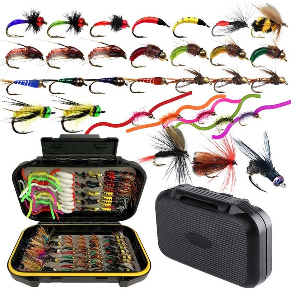 Qievcrme Fly Fishing Flies Kit Trout Steelhead Salmon Bass Flies Assortment 32pcs-148pcs Include Dry Wet Flies Nymphs Streamers Maggot(114Pcs/Kit-16 Mixed Styles)
