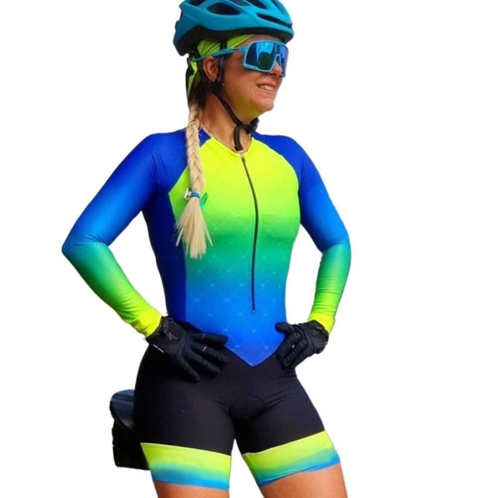 CYTSH Cycling Suit Team Triathlon Suit Womens Jersey Cycling Skinsuit Summer Bicycle Set Long Sleeve Bodysuit GEL Pad (Color : D, Size : Medium)