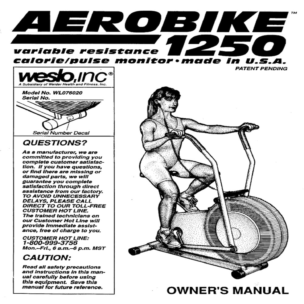 Icon Health & Fitness, Inc. Owner Manual 108480 Works W Weslo Aero 1250 - Wl076020 Stationary Bike