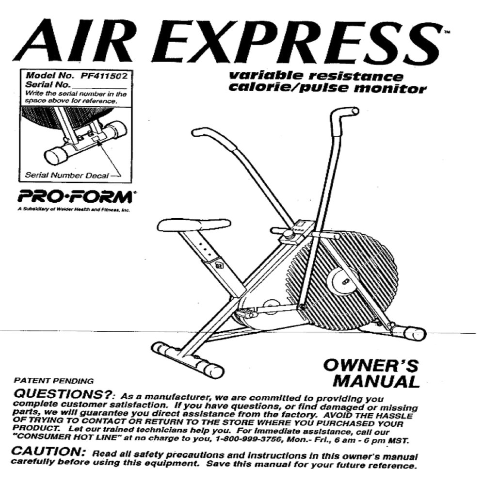 Icon Health & Fitness, Inc. Owner Manual 107698 Works W Air Express 800 - Pf411502 Stepper Step