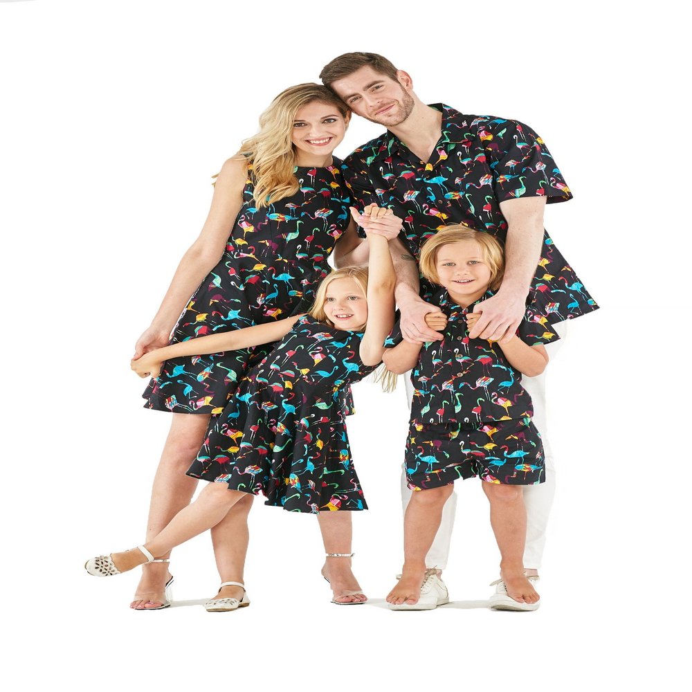 Matchable Family Hawaiian Fit and Flare Dress, Flamingo Party Black, Girl, Size 10