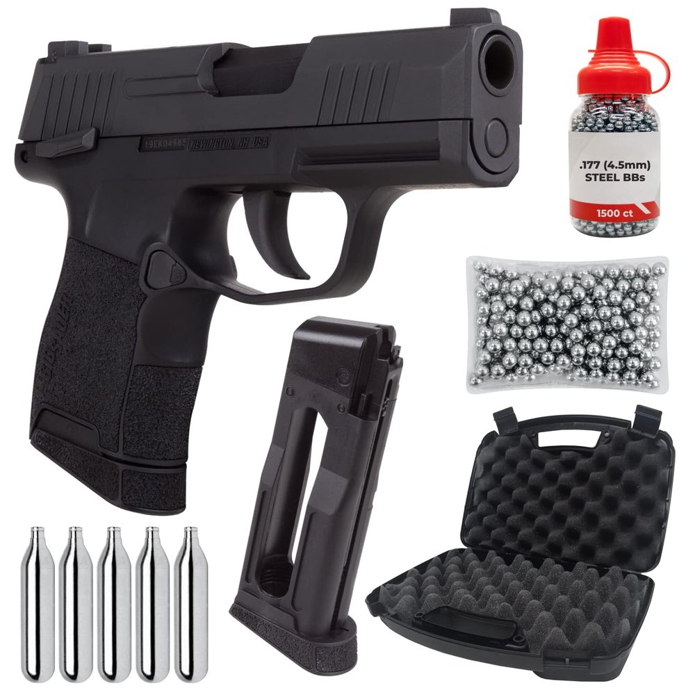 Sg Sauer P365 .177 Cal CO2 BB Blowback Air Pistol with Wearable4U 1600x BBS and 5xCO2 Tanks and Hard Case and Extra Mag Bundle