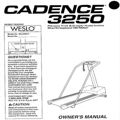 Icon Health & Fitness, Inc. Owner Manual 116994 Works W Weslo Cadence 3250 - Wl325011 Treadmill