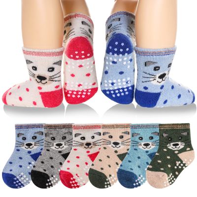 Eyean Baby Wool Grip Sock Soft Winter Warm Thick Non Slip Toddler Boy Girls Crew Socks For Children 6 Pairs (Cat-B, 0-12 Months)