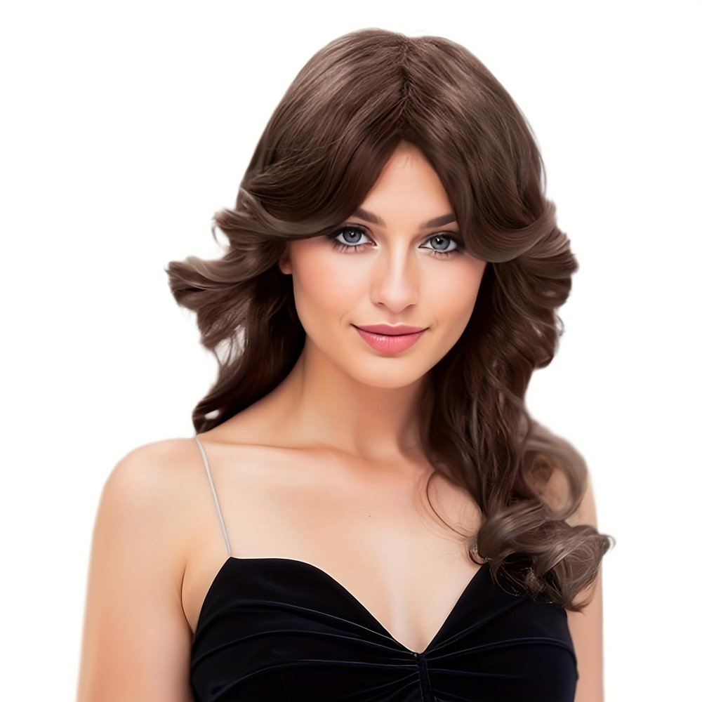 H&Bwig Farrah Fawcett 70s Feathered Disco Wig, Vintage Brown Long Natural Synthetic Wig for Lady, Party Cosplay Costume Fashion Accessory