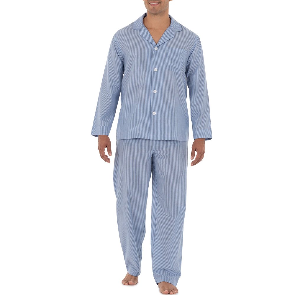 Fruit of the Loom Men's Long Sleeve Broadcloth Pajama Set, Blue Stripe, 3X