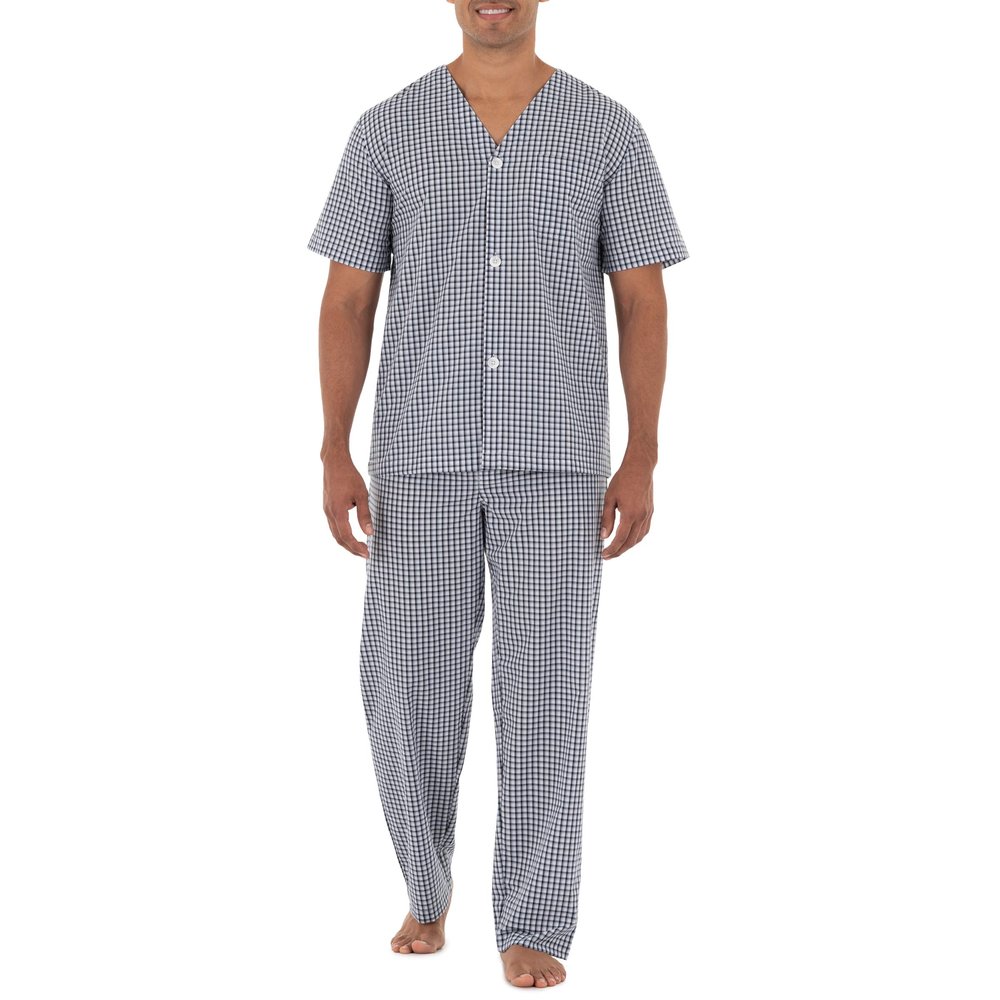 Fruit of the Loom Men's Broadcloth Short Sleeve Top and Long Pants Pajama Set, Navy/White Check, X-Large