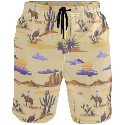 visesunny Vintage Cactus Mountain Cowboy Horse Sunset Men's Swim Trunks Quick Dry Bathing Suits Beach Holiday Party Swim Shorts