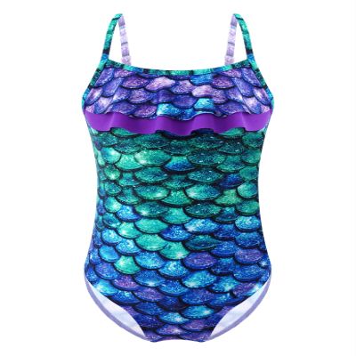 Loloda Kids Girls Ruffle Mermaid Fish Scales Print Backless Swimwear Swimsuit One Piece Bathing Suit Purple 6 Years