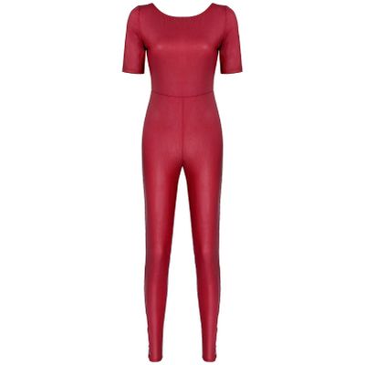 Alvivi Women's Backless Short Sleeve Shiny Metallic Full Body Jumpsuit Skinny Tight Bodysuit Burgundy Large