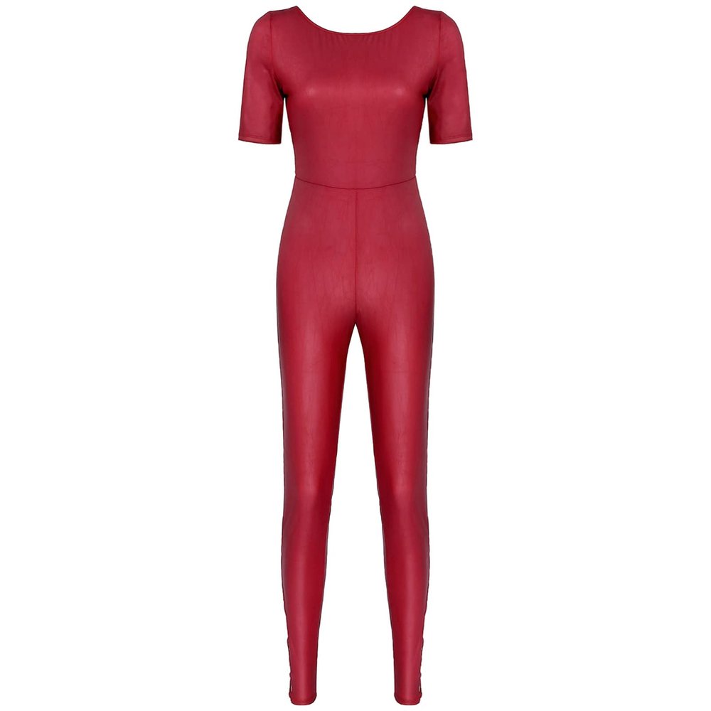 Alvivi Women's Backless Short Sleeve Shiny Metallic Full Body Jumpsuit Skinny Tight Bodysuit Burgundy Large