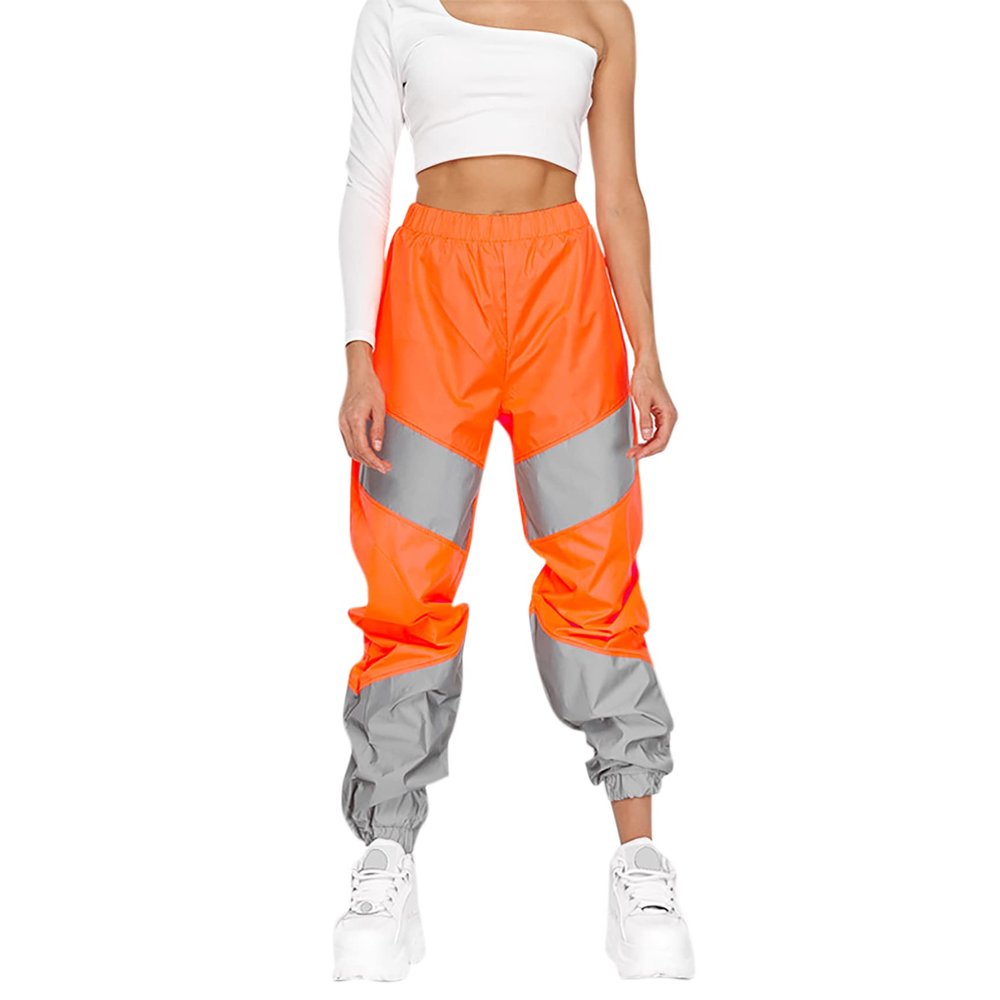 ANKOMINA Women's Rave Reflective Pants with Pocket Sport Joggers Pants Track Trouser Sweatpants Party Festival Club Outfit Orange