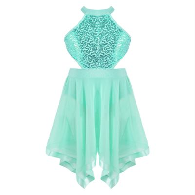 Aislor Kids Big Girls Mesh Splice Criss-Cross Back Gymnastics Leotard Dress Lyrical Dance Costume Mint Green Hollow 12 Years