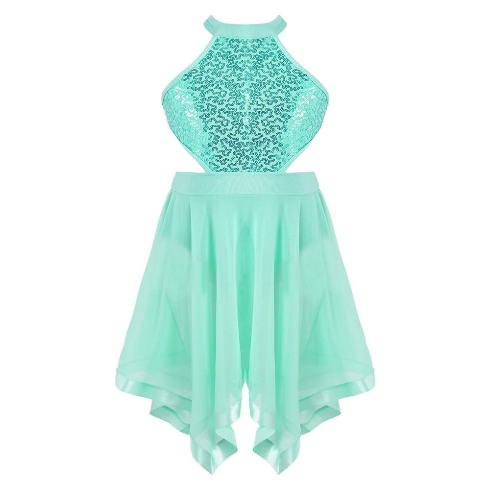 Aislor Kids Big Girls Mesh Splice Criss-Cross Back Gymnastics Leotard Dress Lyrical Dance Costume Mint Green Hollow 12 Years