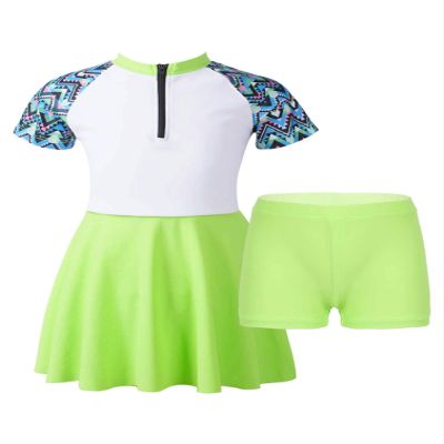 HULIJA Girls 2 Piece Swimsuit Rashguard Short Sleeve Swimdress with Bottoms Quick-Dry Bathing Suit Green 6 Years