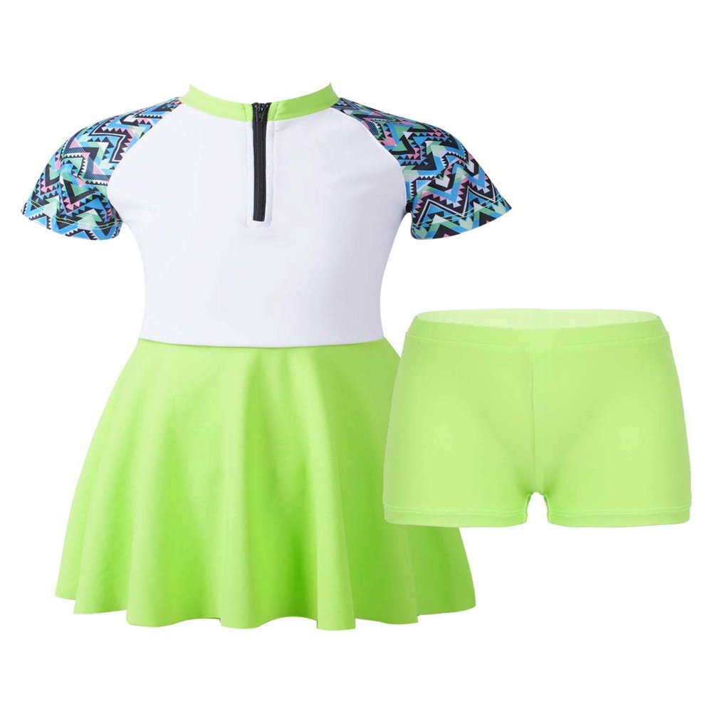 HULIJA Girls 2 Piece Swimsuit Rashguard Short Sleeve Swimdress with Bottoms Quick-Dry Bathing Suit Green 6 Years