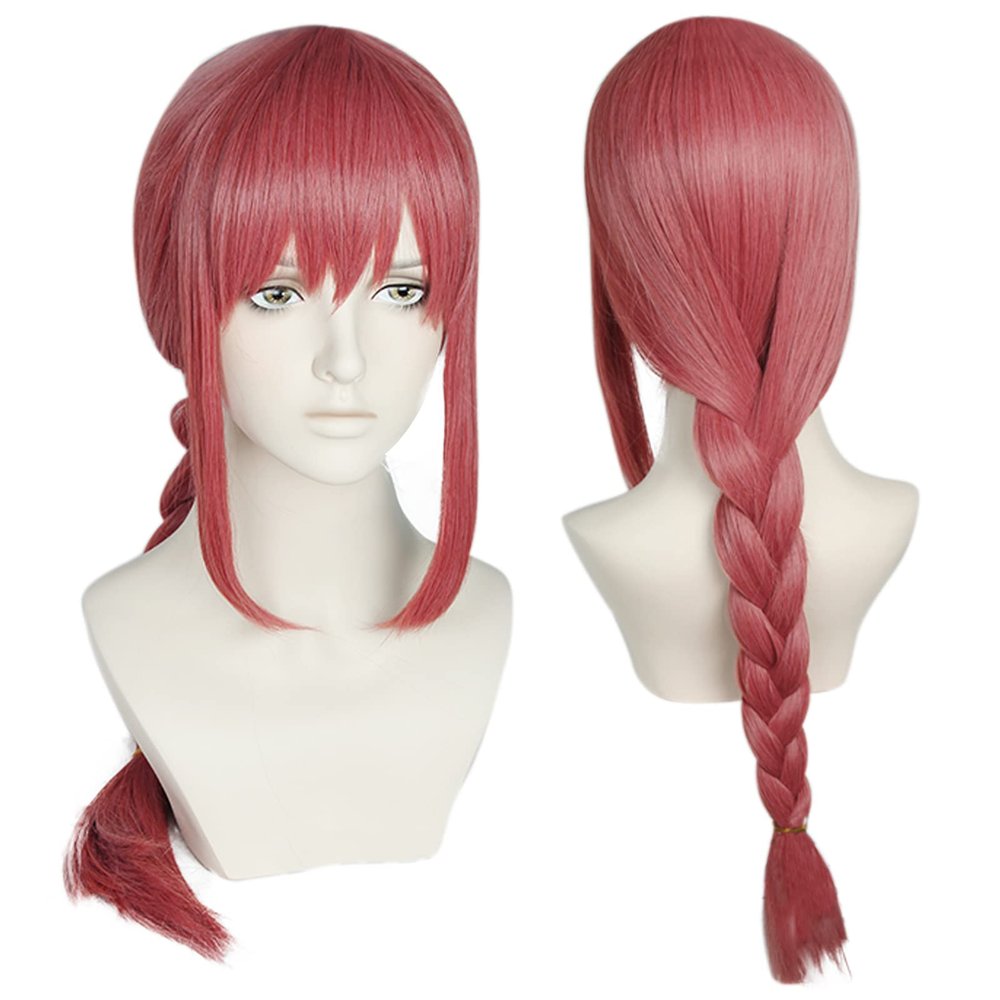 Anogol Hair Cap+ Red Wig with Braid for Women Long Pink Braids Wig for Anime Cosplay Long Straight Cosplay Wigs with Bangs Red Ponytails Wigs Synthetic Hair Costume for Halloween Christmas Party