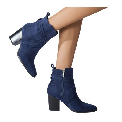 Bcshiye Women Chunky High Heel Ankle Boots Chelsea Pointed Toe Booties Square Toe Slip On Criss Cross Zipper Booties