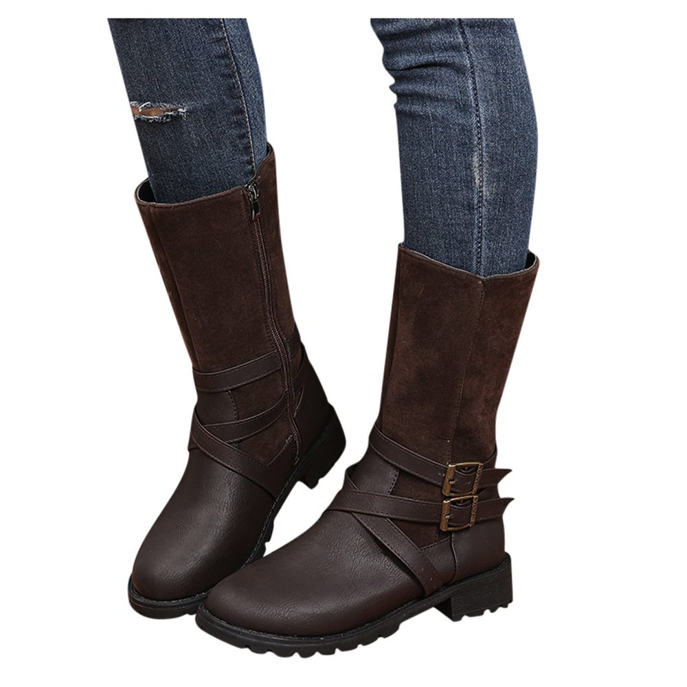 Bcshiye Women's Mid Calf Riding Winter Boots Fashion Round Toe Low Heels Strap Buckle Motorcycle Boots with Side Zipper