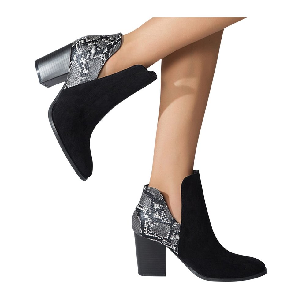 Bcshiye Women's Chunky High Heel Ankle Booties V Cut Pointed Toe Chunky Stacked Heel Booties Shoes Dressy Western Boots