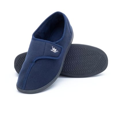 Happy Touch Men's Adjustable Wrap 80-D Memory Foam Comfy Diabetic Slippers for Swollen Feet, Edema, Arthritis, Elderly Indoor/Outdoor w/Anti Slip Sole, (Navy Blue, 11)