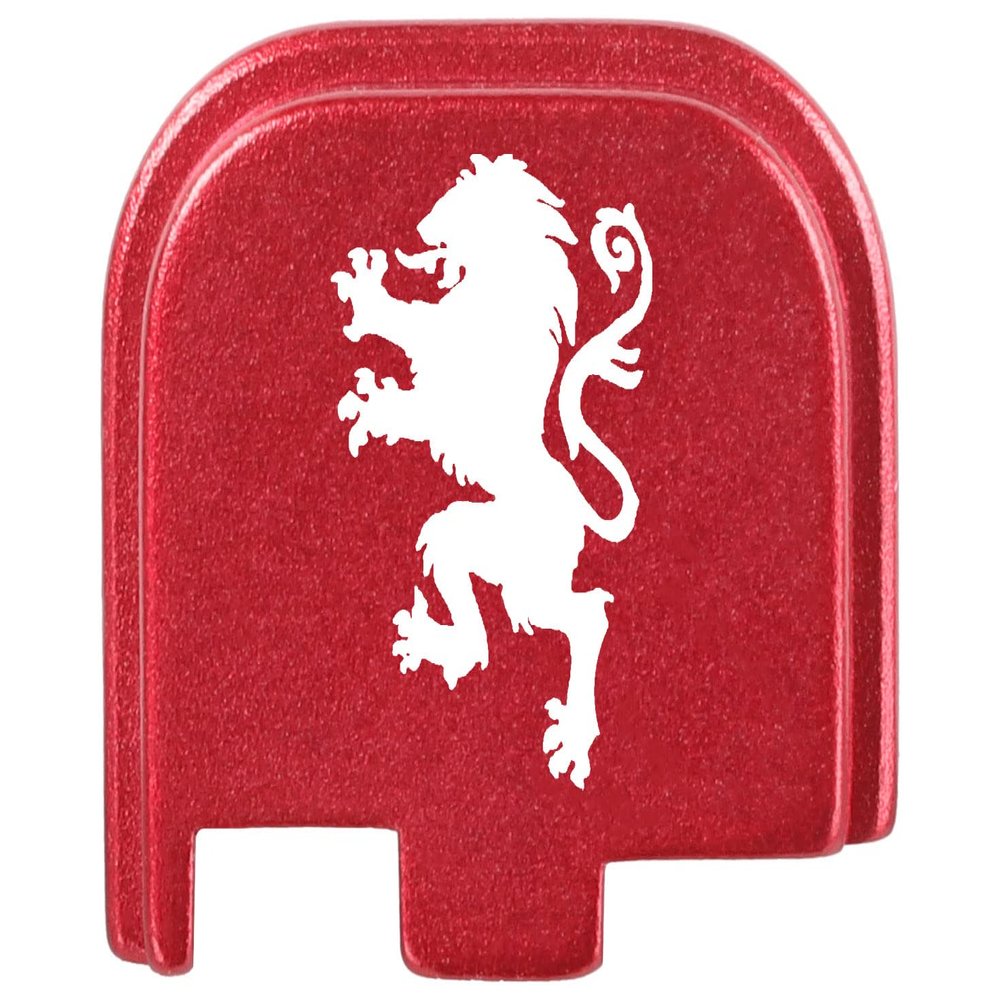NDZ Performance Slide Cover Back Plate for Glock 43 43X 48, 9mm, Laser Engraved Anodized Aluminum in Red, Made in The USA - Hearaldic Lion 1