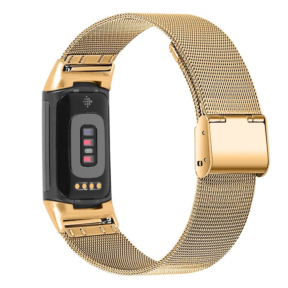 TryBest Bands Compatible for Fitbit Charge 5, Women Men Adjustable 5.5-8.0 inch Stainless Steel Mesh Replacement Strap Compatible with Fitbit Charge 5 - Gold