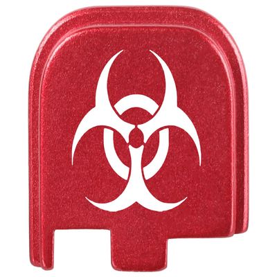 NDZ Performance Slide Cover Back Plate for Glock 43 43X 48, 9mm, Laser Engraved Anodized Aluminum in Red, Made in The USA - Biohazard