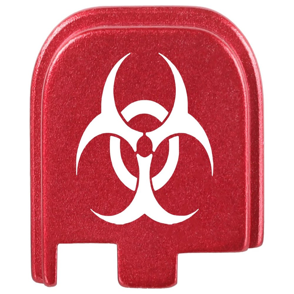 NDZ Performance Slide Cover Back Plate for Glock 43 43X 48, 9mm, Laser Engraved Anodized Aluminum in Red, Made in The USA - Biohazard