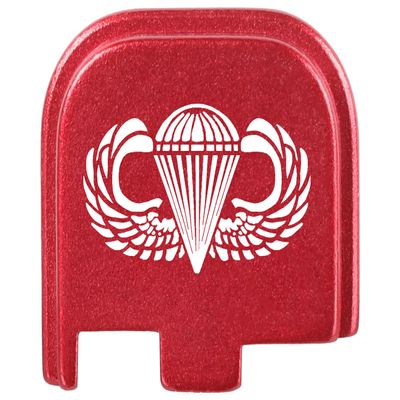 NDZ Performance Slide Cover Back Plate for Glock 43 43X 48, 9mm, Laser Engraved Anodized Aluminum in Red, Made in The USA - Airborne Jump Wings