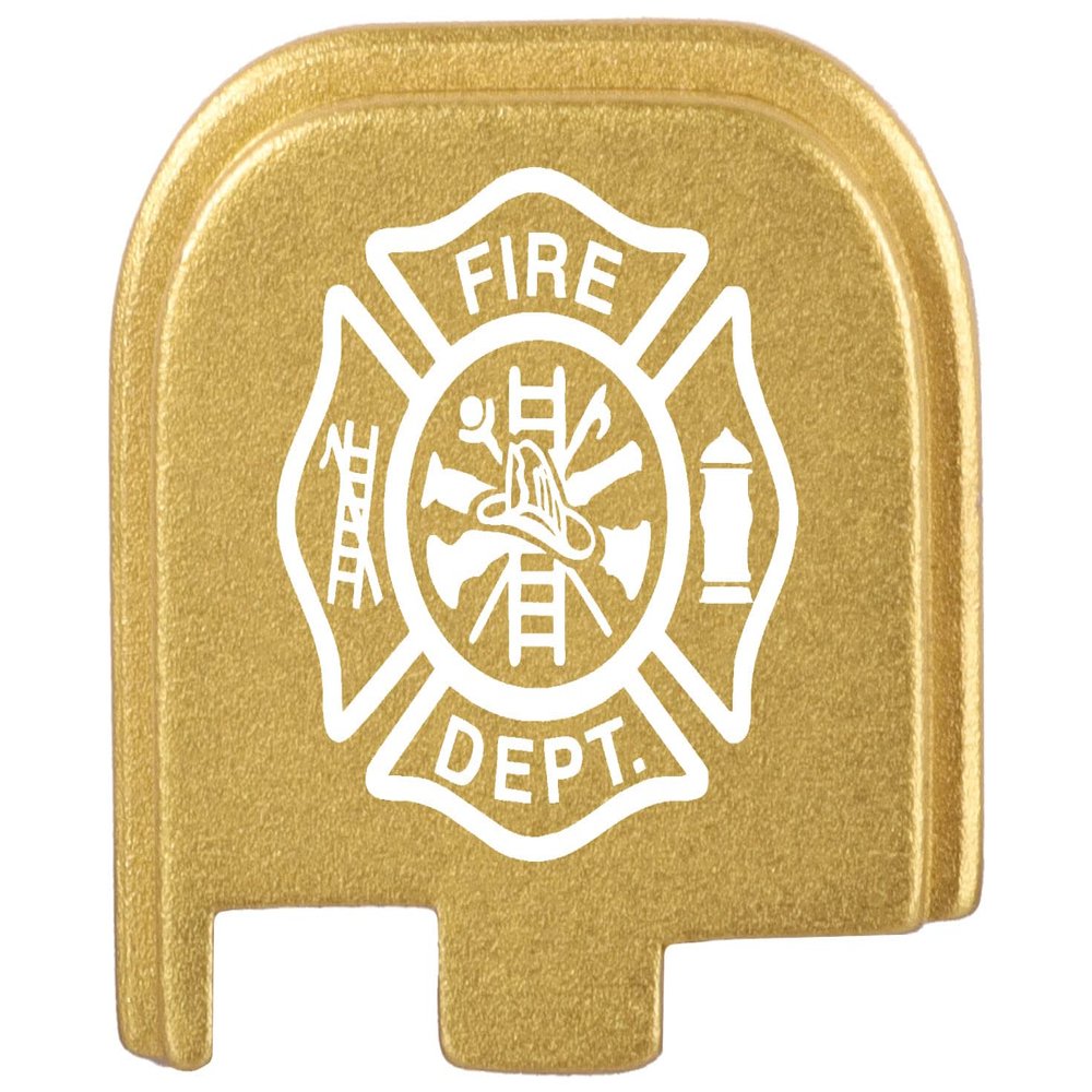 NDZ Performance Slide Cover Back Plate for Glock 43 43X 48, 9mm, Laser Engraved Anodized Aluminum in Gold, Made in The USA - Fire Department Emblem