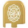 NDZ Performance Slide Cover Back Plate for Glock 43 43X 48, 9mm, Laser Engraved Anodized Aluminum in Gold, Made in The USA - Fire Department Emblem view 1