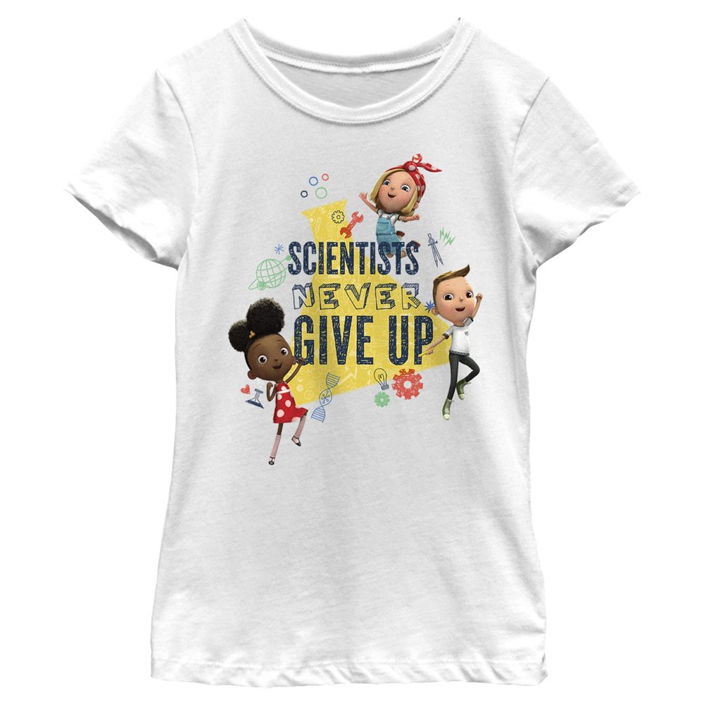 Fifth Sun Ada Twist, Scientist Never Give Up Girls Short Sleeve Tee Shirt, White, Small
