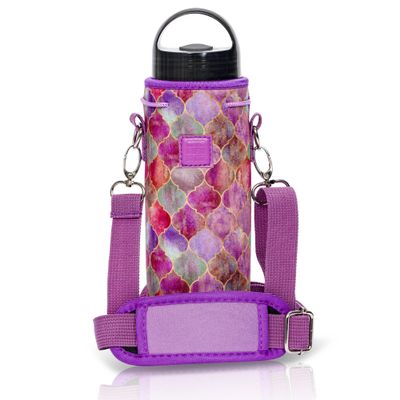 Made Easy Kit Neoprene Water Bottle Carrier Holder with Adjustable Shoulder Strap for Insulating & Carrying Water Container Canteen Flask Available in 5 Sizes (Purple Stained Glass, M (16oz-22oz))