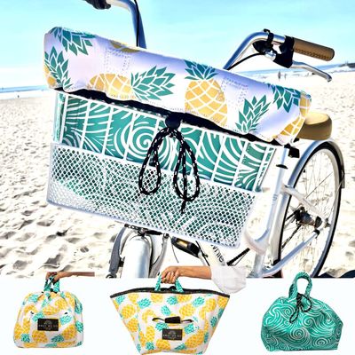 Bike Basket Liner, Beach Bag & Travel Tote All in One Bag Waterproof Neoprene Reversible Prints Two Large Zipper Pockets Locking Toggle with Draw String