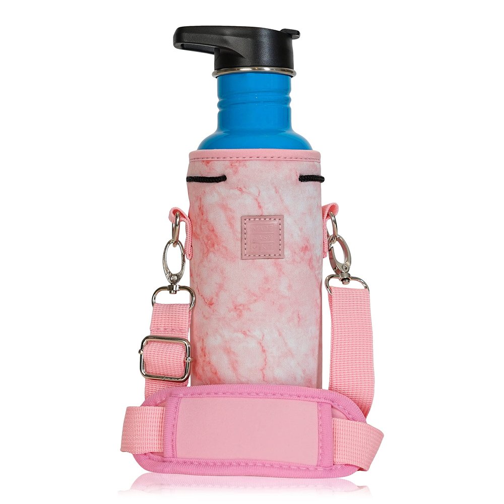 Made Easy Kit Neoprene Water Bottle Carrier Holder with Adjustable Shoulder Strap for Insulating & Carrying Water Container Canteen Flask Available in 5 Sizes (Pink Marble, M (16oz-22oz))