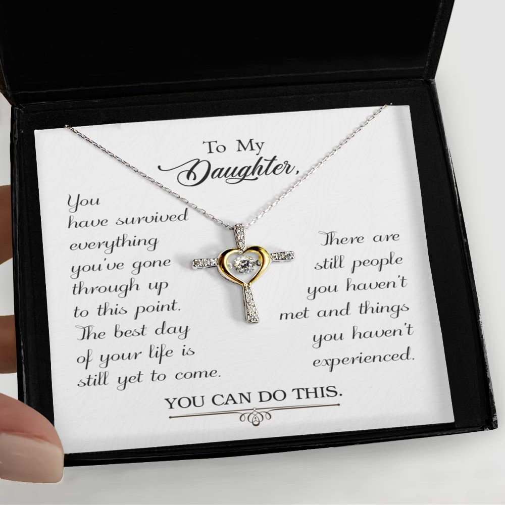 to My Daughter Gold Silver Pendant Necklace. Fashion Cross, Love Heart or Wishbone Pendant and Necklace 925 Sterling Silver - Cross Dancing Necklace