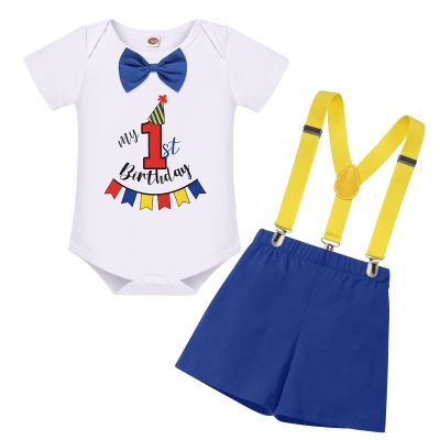 1st First Birthday Outfit Baby Boy Cake Smash One Year Old Party Newborn Toddler Bow Tie Short Sleeve Romper Shorts Pants Y-back Suspenders 3PCS Clothes Set Photo Shoot Royal Blue+Red 6-12 Months