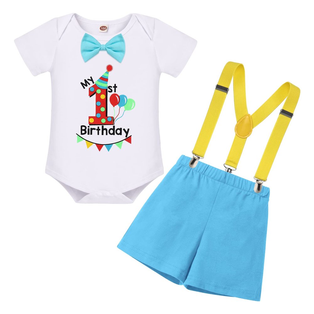 1st First Birthday Outfit Baby Boy Cake Smash One Year Old Party Newborn Toddler Bow Tie Cotton Short Sleeve Romper Shorts Pants Y-back Suspenders 3PCS Clothes Set Photo Shoot Blue 6-12 Months