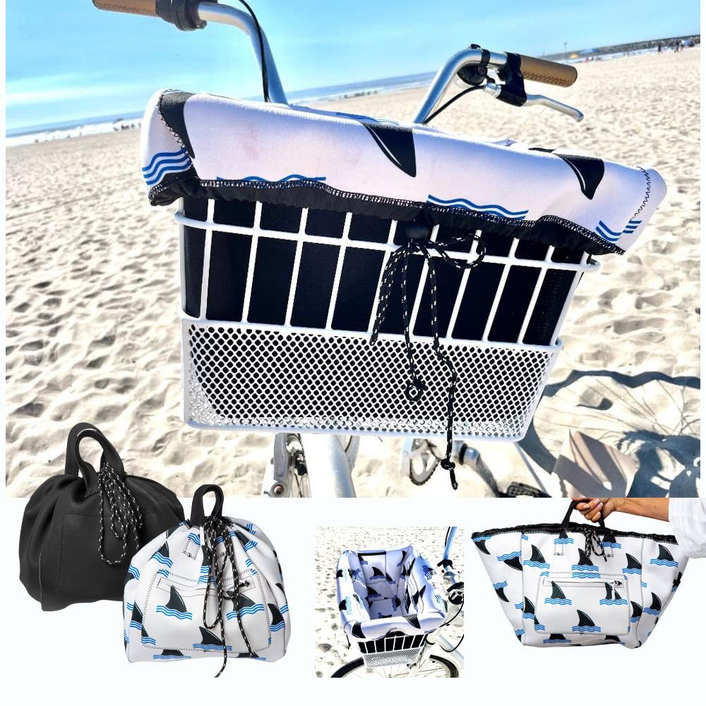 Bicycle Basket Liner, Beach Bag and Travel Tote All in ONE Bag - Waterproof Neoprene Shark Fin and Black Pattern Reversible Print Zipper Pockets Locking Toggle Draw String Two Carrying Handles