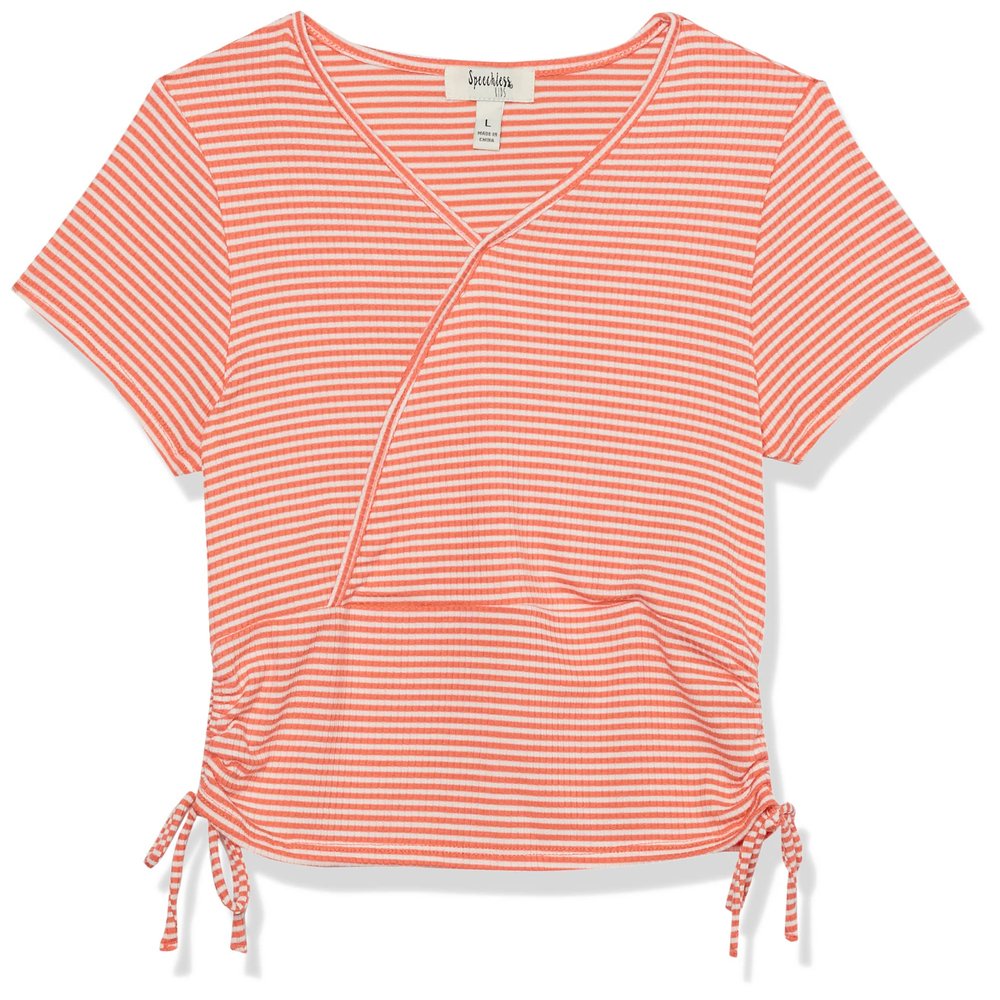 Speechless Girls' Faux Wrap Short Sleeve Tee, Coral, Large