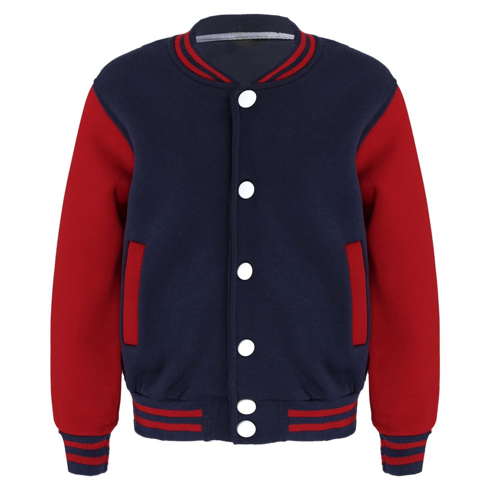 JanJean Kids Boys Varsity Jacket Letterman Jacket Baseball Jacket Long Sleeve Button Down Casual Outwear School Wear Navy Blue 7-8 Years