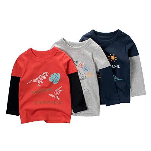 Boys Casual Long Sleeve Crew Neck Cotton Dinosaur Printed Tops T-Shirts 3 Packs Set 1-7T (3Pack-1#,3-4Years)