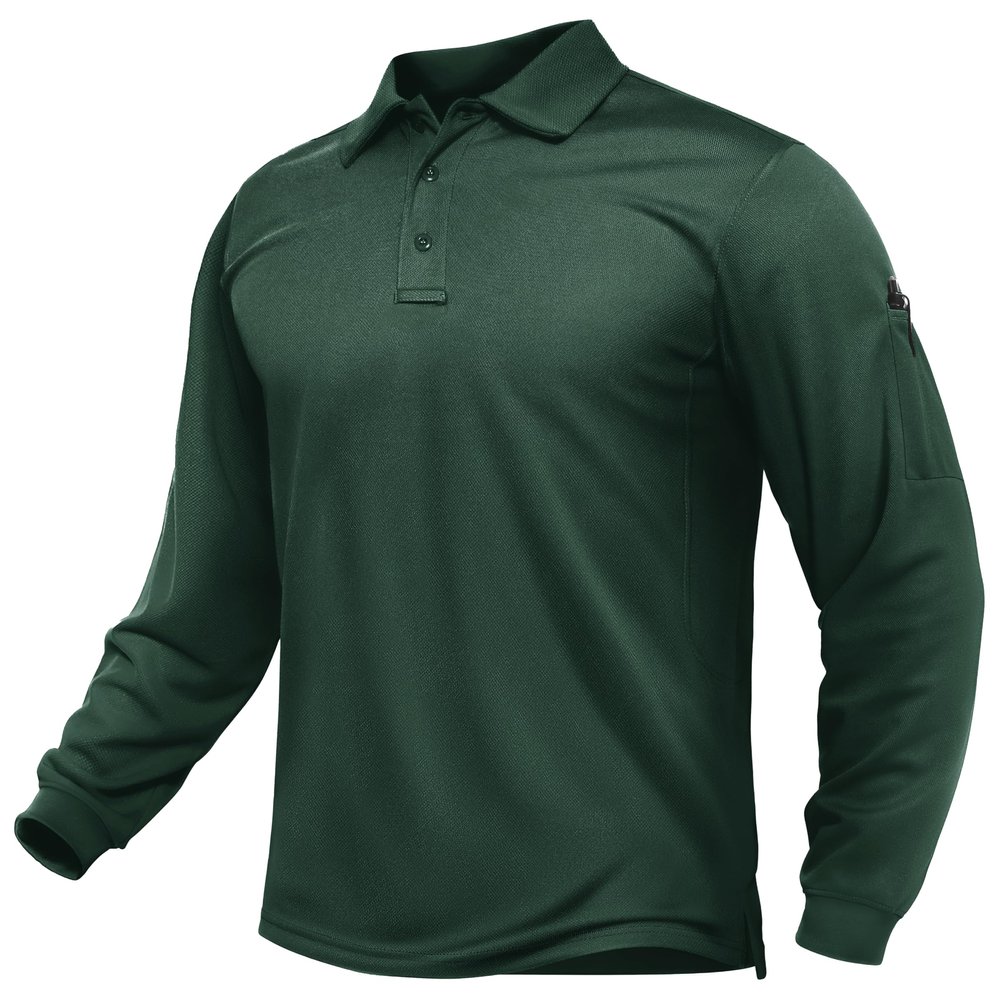 TACVASEN Men's Long Sleeve Polo Shirts Quick Dry Tactical Golf Collared Lightweight Work Breathable Moisture Wicking Outdoor Dark Green S