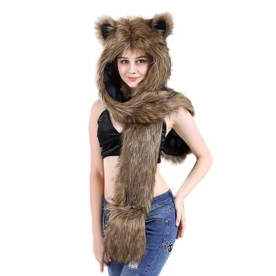 3 in 1 Furry Animal Hood Hat Scarf Mittens Warm Plush Hoodie Cap with Earflaps Full Pockets Winter Faux Fur Cartoon Beanie Hat Earmuffs for Men Women