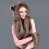 3 in 1 Furry Animal Hood Hat Scarf Mittens Warm Plush Hoodie Cap with Earflaps Full Pockets Winter Faux Fur Cartoon Beanie Hat Earmuffs for Men Women view 4