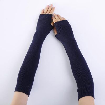 Autumn and Winter Pure Color Fine Wool Soft Fashion Warm Fingerless Gloves for Men and Women Cashmere Half-Finger Arm Sleeves (Navy Blue)